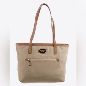 Michael Kors Kempton Nylon Tote Taupe Leather Trim Zip Top Medium Laptop Bag